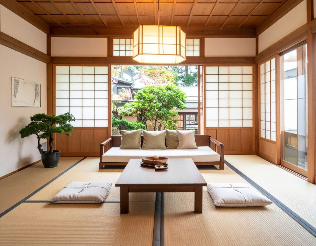 日式風格客廳，天花板崁燈照出柔和氛圍