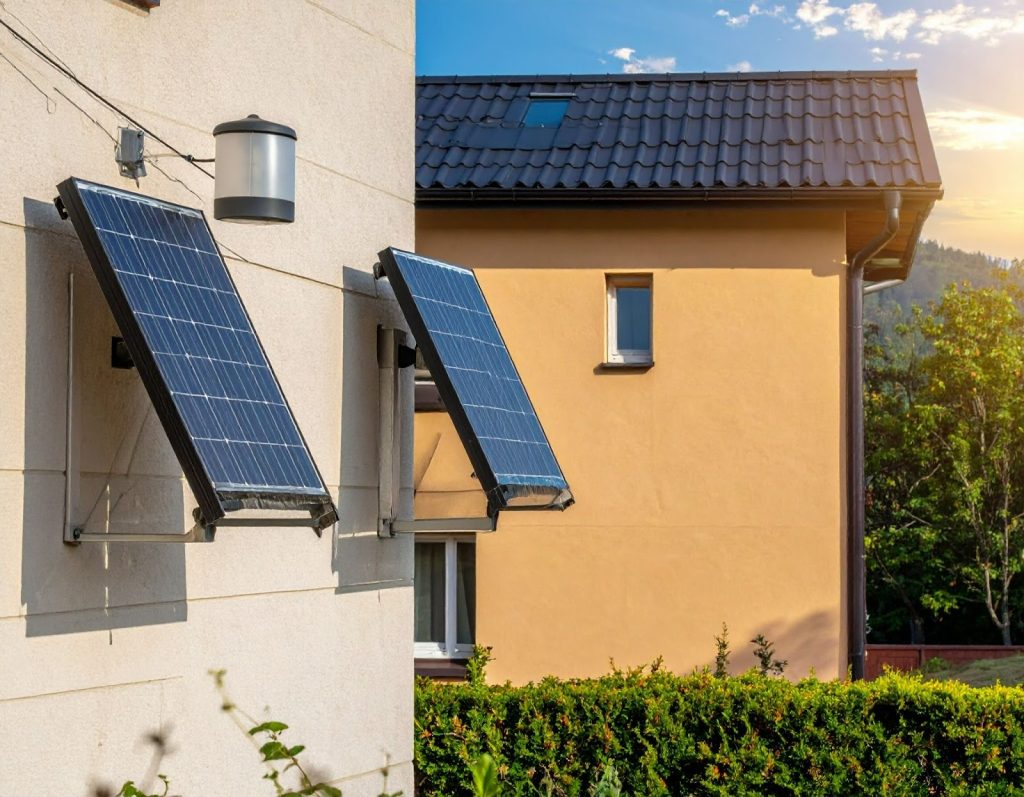 屋外牆面掛著黑色太陽能燈具,陽光下板面吸收能量