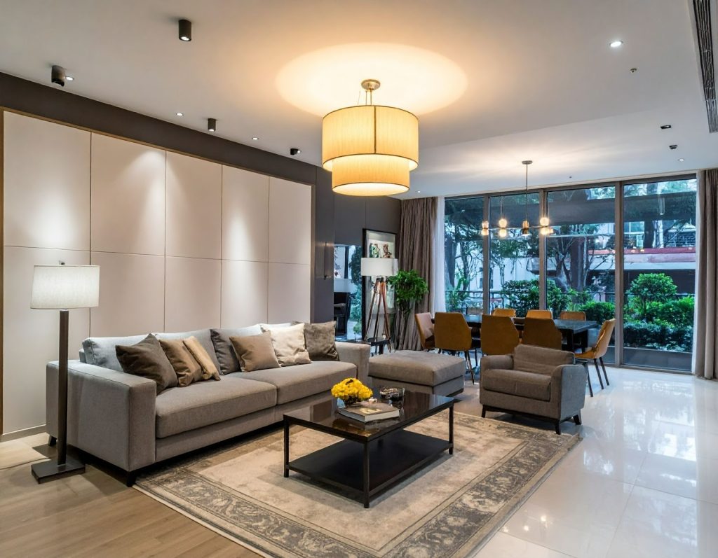 溫暖黃光與冷白光的客廳燈具並列,形成明顯氛圍對比 溫暖黃光與冷白光的客廳燈具並列,形成明顯氛圍對比