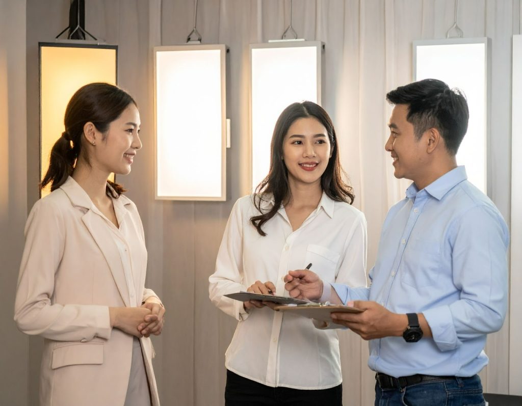 設計師向客戶展示三種主燈亮度對比,說明材質與瓦數差異