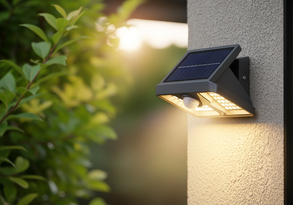 家外有太陽能感應燈,背景是綠植與柔光