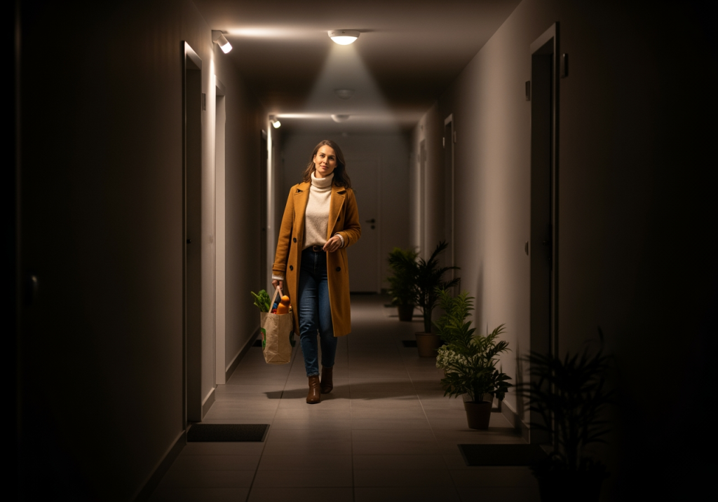 婦人夜晚拿著採買袋走進走廊,感應燈自動亮起