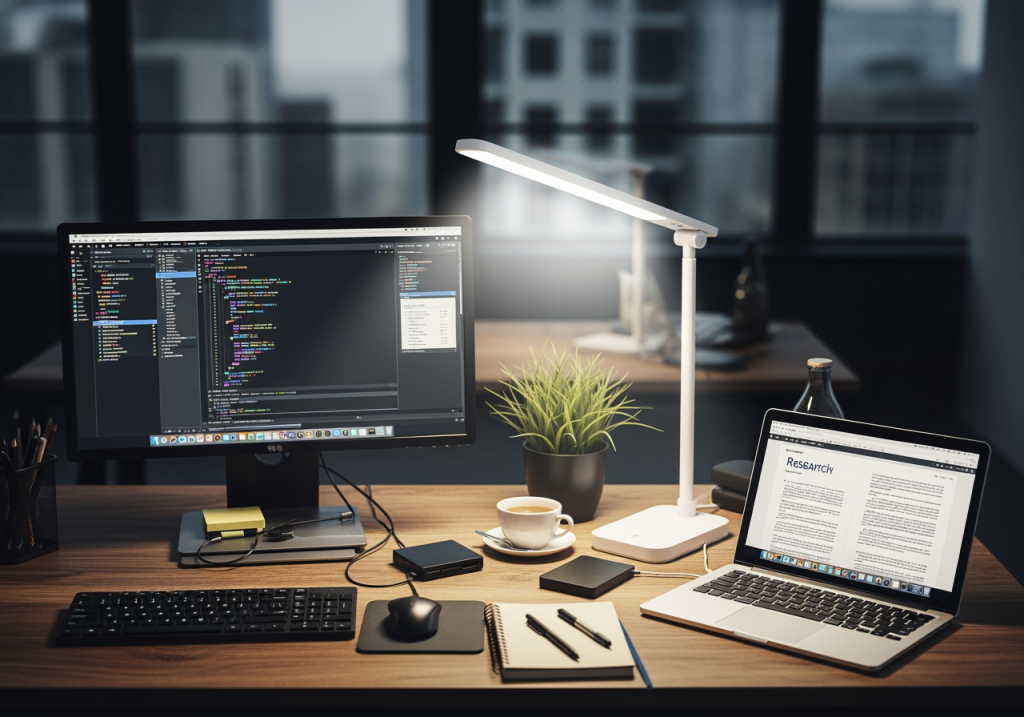 午後陽光灑進開放式辦公室,員工在柔白LED燈光下專注工作 午後陽光灑進開放式辦公室,員工在柔白LED燈光下專注工作