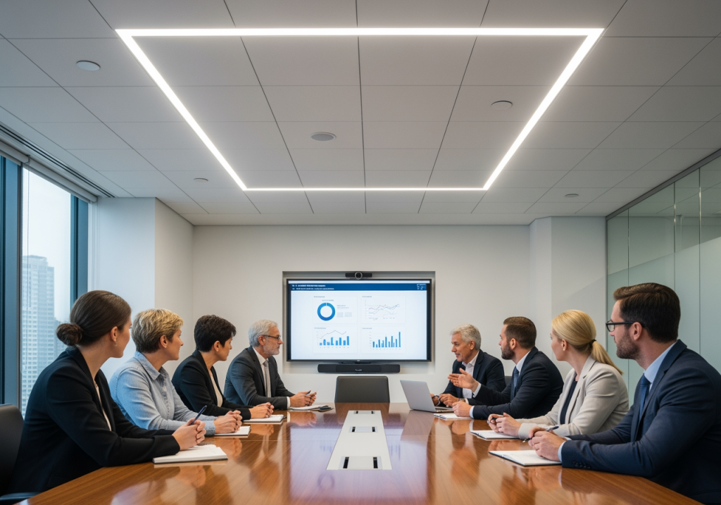 團隊在會議室開會,天花板有LED中性光