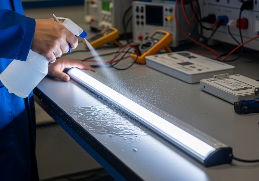 夜間庭院中,男子撐傘檢查戶外LED燈,在雨中依舊明亮發光 夜間庭院中,男子撐傘檢查戶外LED燈,在雨中依舊明亮發光