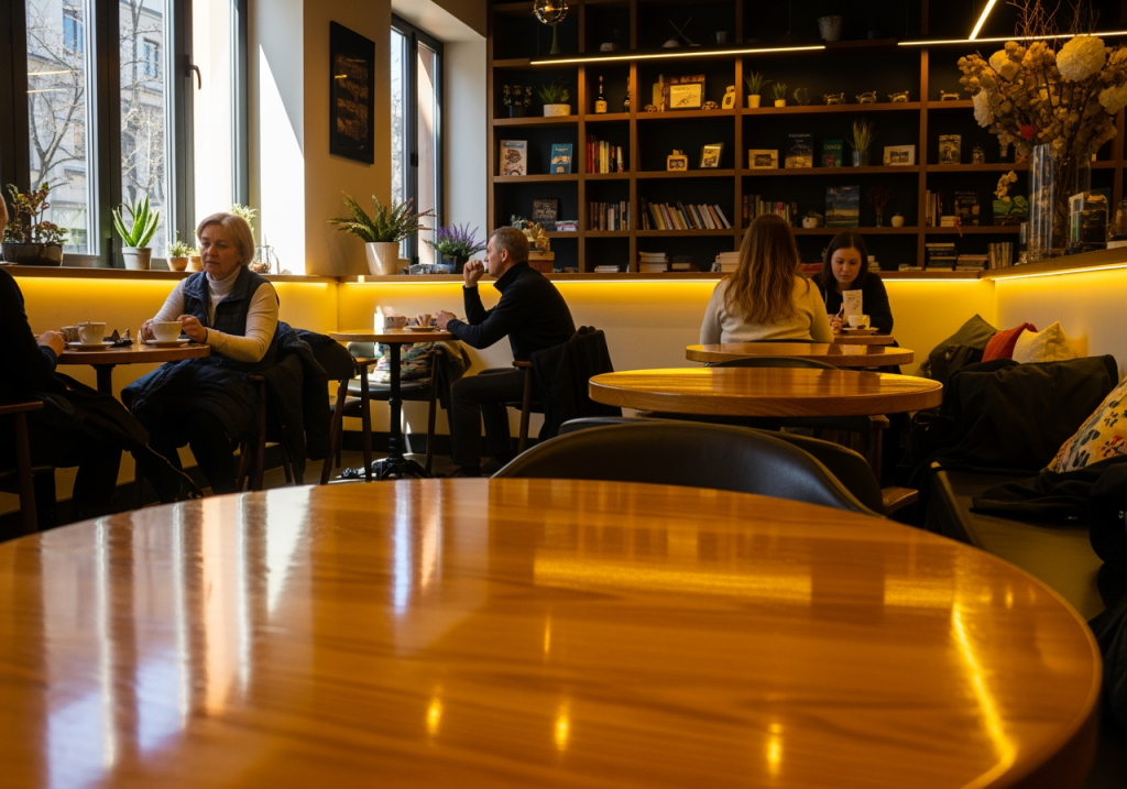 咖啡廳座位區使用柔黃LED燈光，桌面反射出溫暖色調