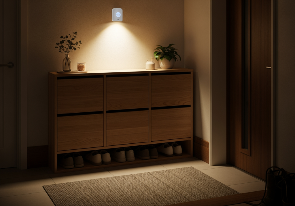 租屋族在玄關牆上安裝免鑽孔感應燈