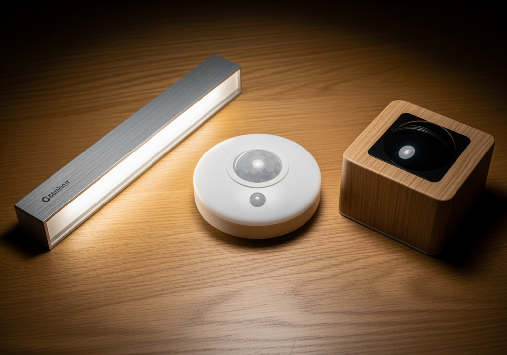 三款不同造型的感應燈平放在桌面上