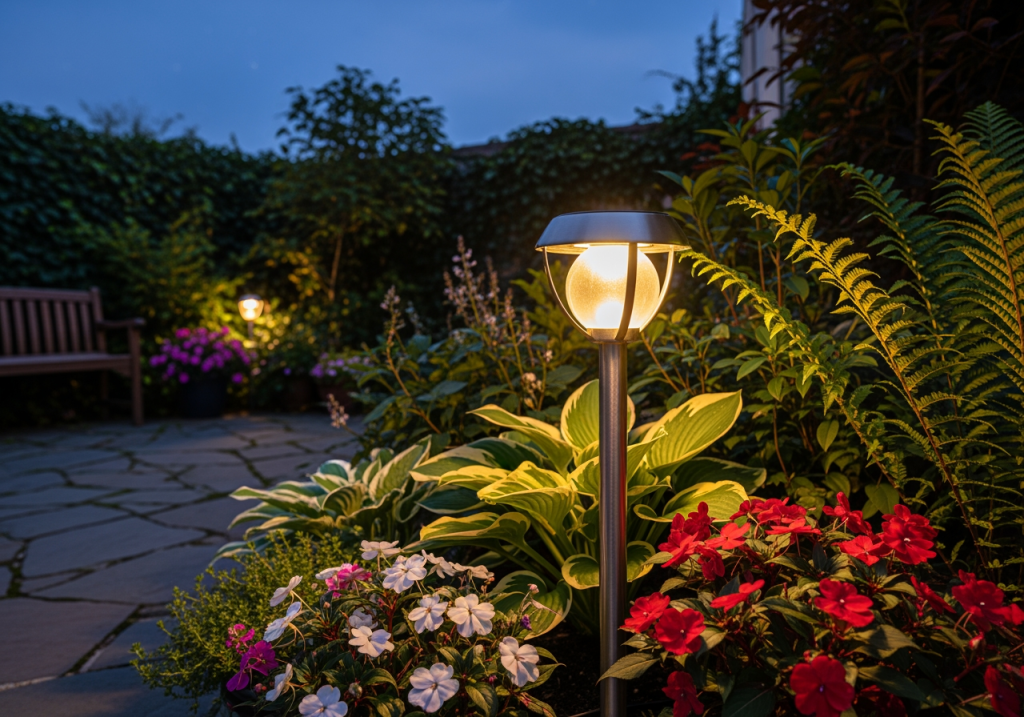 放在庭院外的太陽能燈