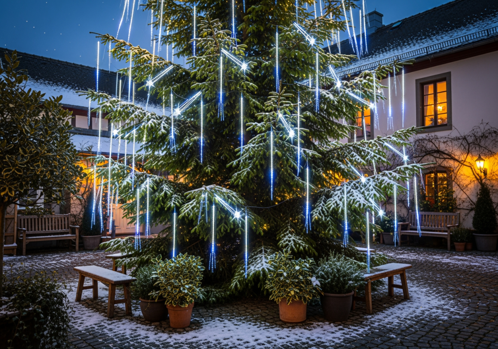 戶外庭院聖誕樹使用流星燈串垂掛閃爍