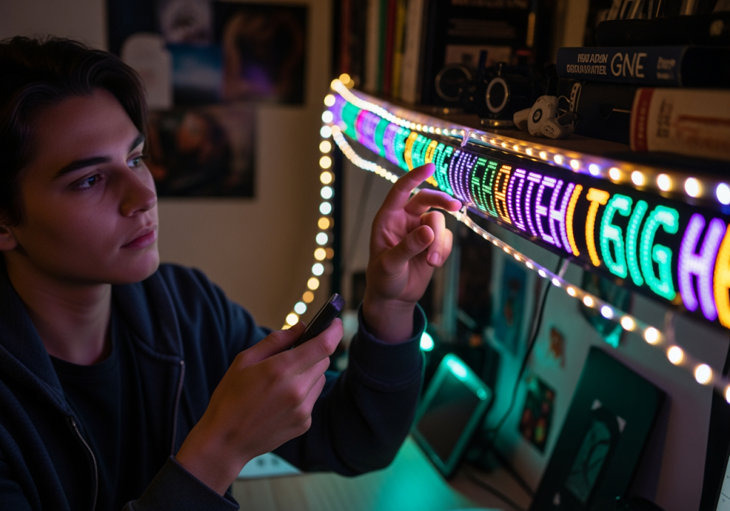 年輕人調整跑馬燈效果的 LED 燈串
