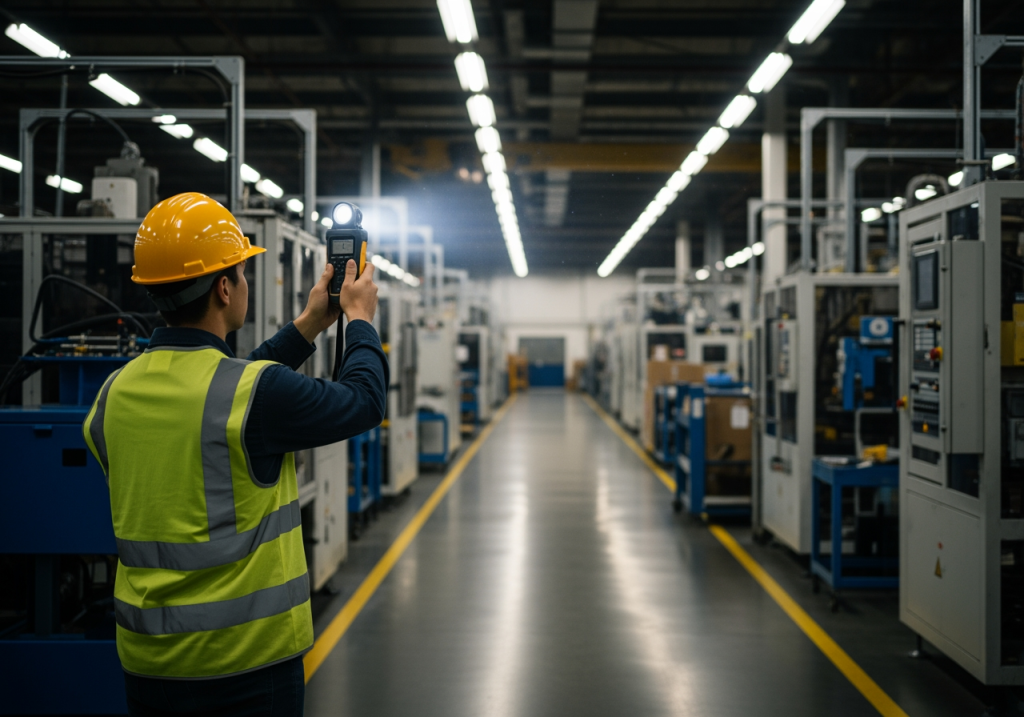 工程師穿著安全帽與識別背心，手持照度計在工廠通道測量光線