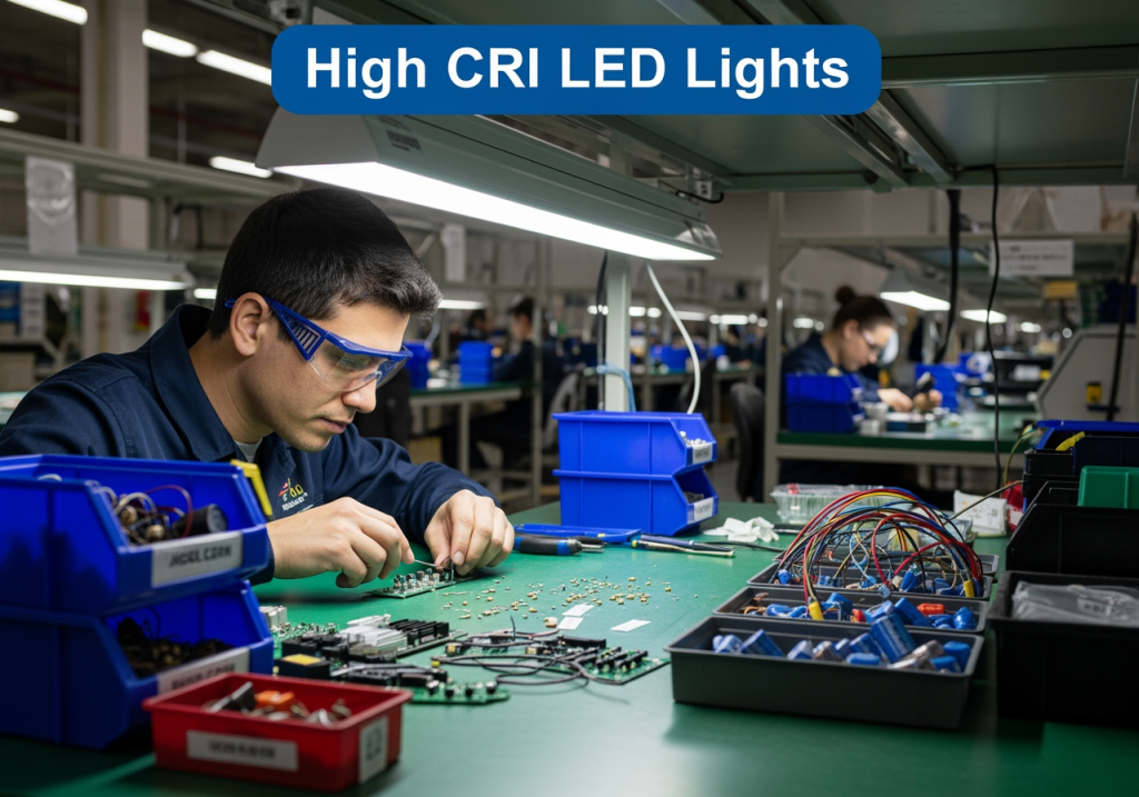 工廠內「高顯色 LED 燈」照亮作業桌，員工能清楚辨識顏色與細節