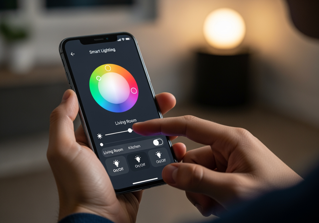 使用者用手機操作智慧燈具 App