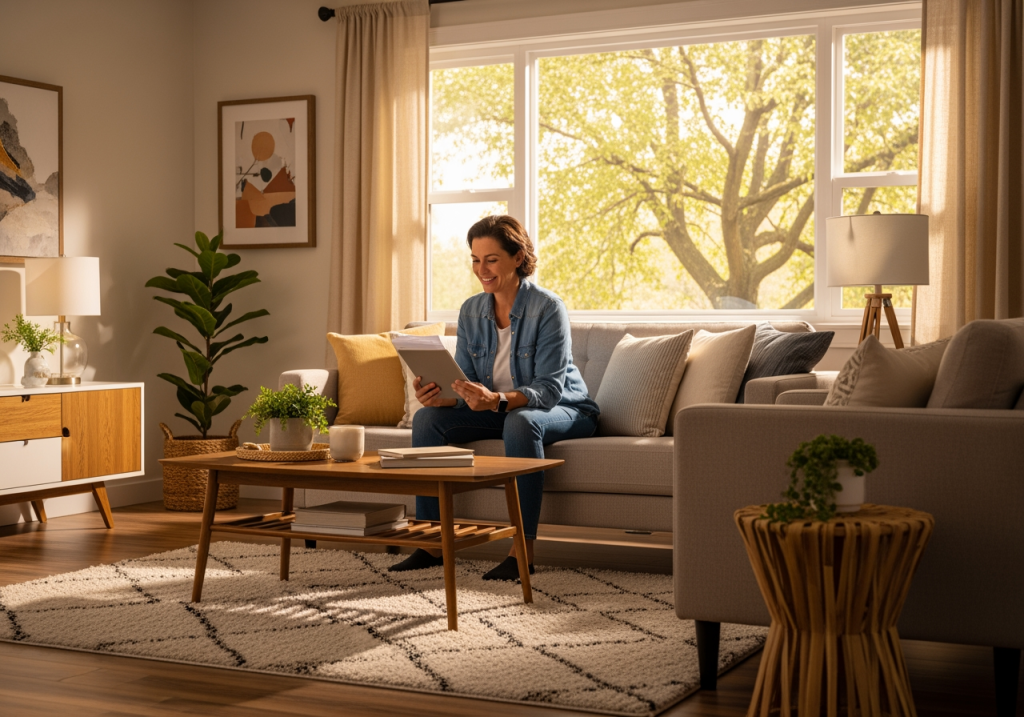 居家客廳換上節能LED燈後明亮舒適,屋主開心查看補助核准通知信件