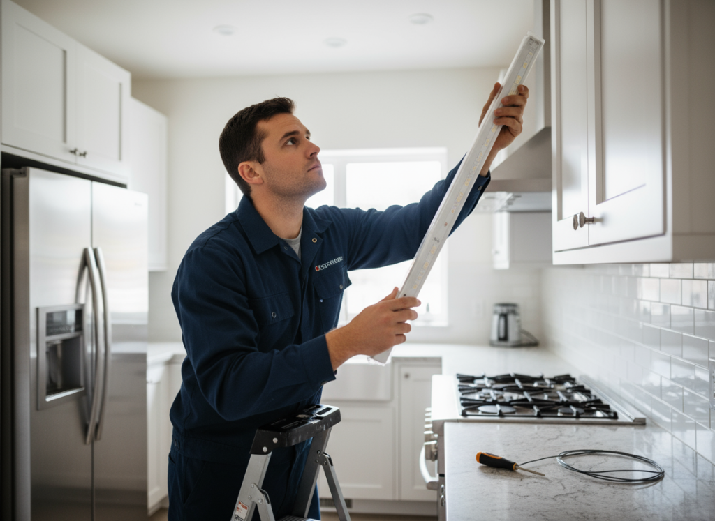 技師在居家廚房中更換T5燈管為LED燈,手中拿著新燈管