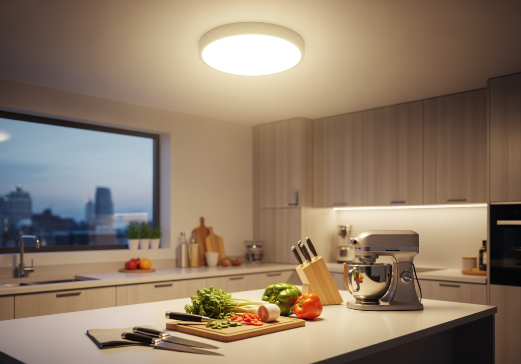 廚房場景中,LED 吸頂燈照亮料理檯面