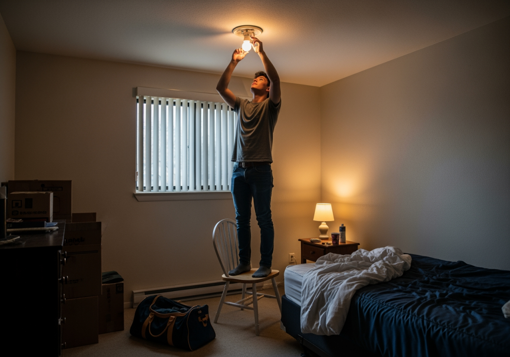 租屋房間內,一名住戶站在椅子上更換天花板燈泡