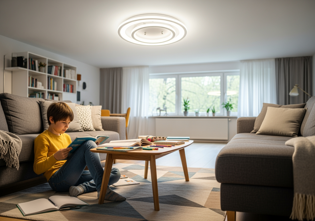 屋主站在客廳中央,以 LED 與傳統吸頂燈分別照亮空間 屋主站在客廳中央,以 LED 與傳統吸頂燈分別照亮空間