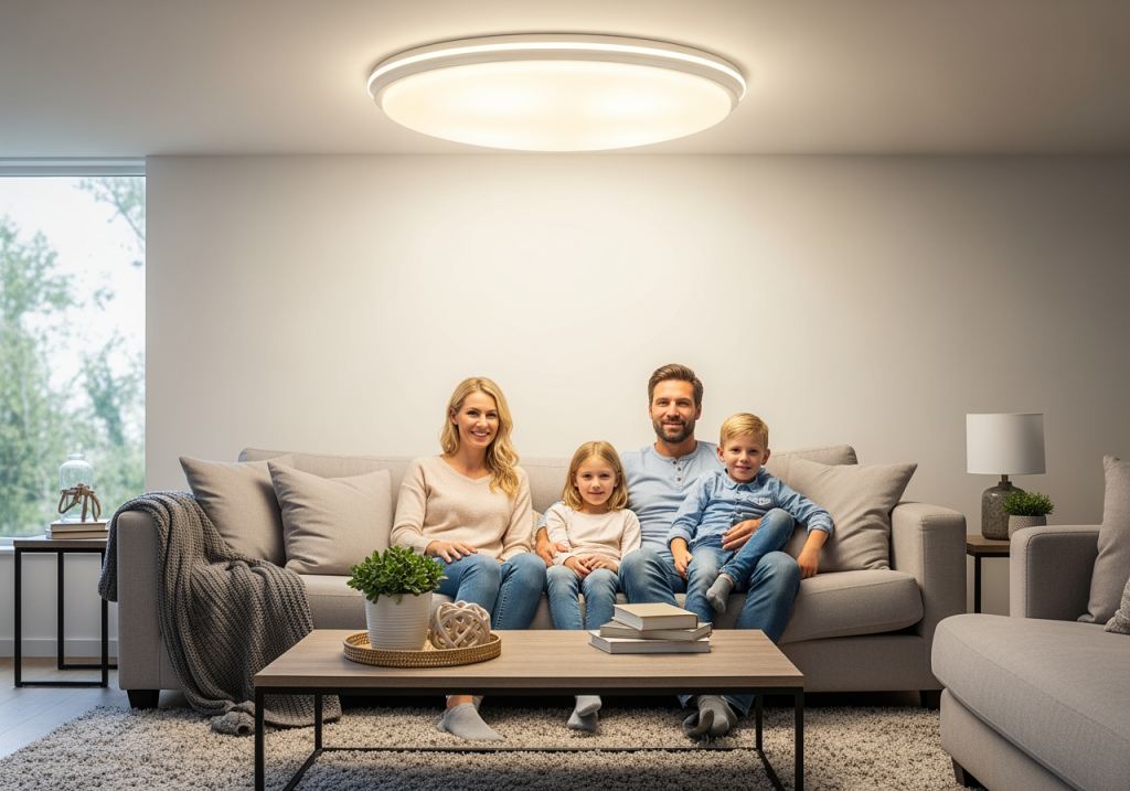 家庭成員坐在客廳沙發下，天花板的吸頂燈提供柔和明亮照明