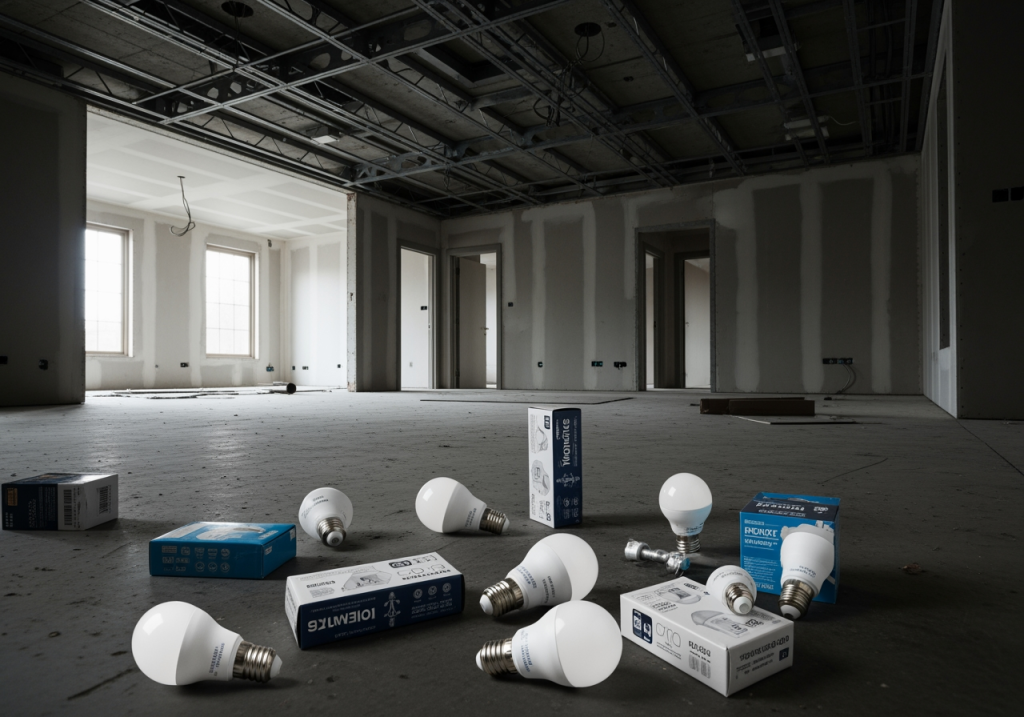 客廳天花板尚未安裝燈具，地上擺著LED燈泡