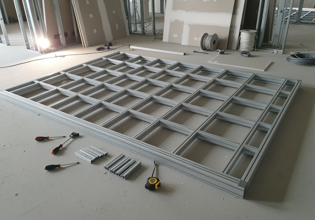 室內施工現場，卡布燈箱框架平放在地面