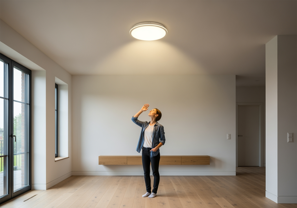 屋主站在房間中央抬頭查看吸頂燈照明效果