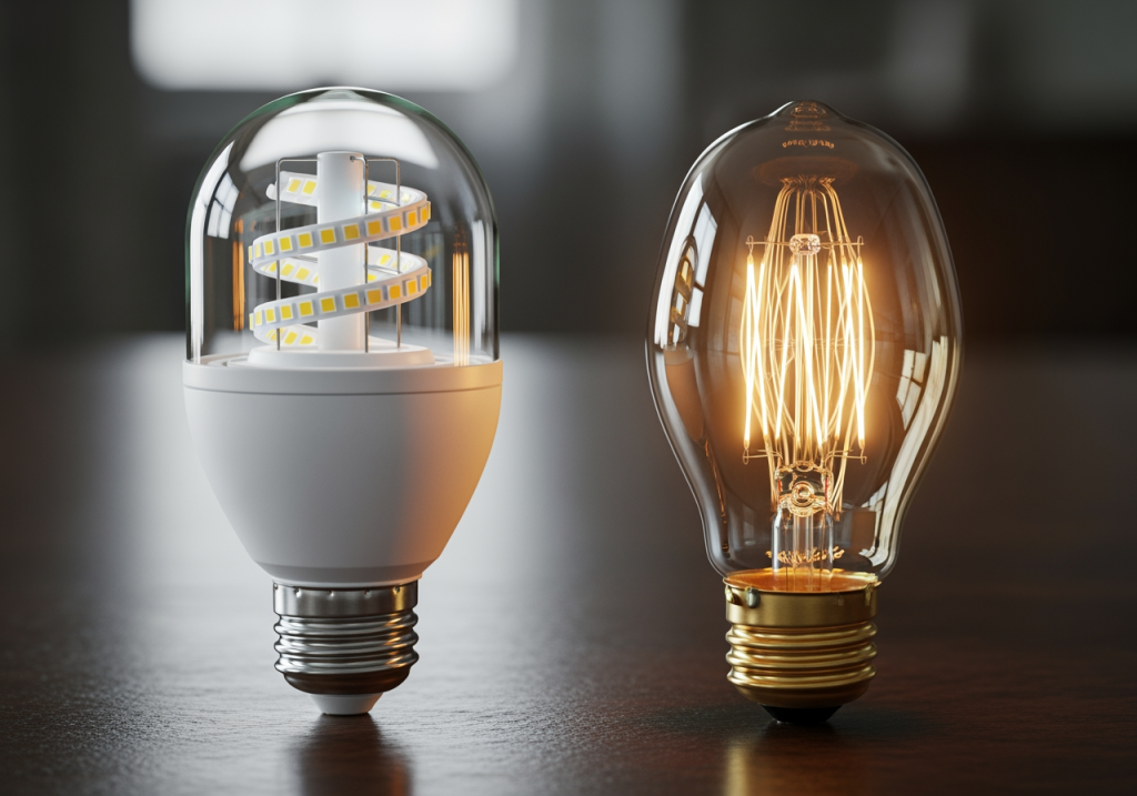 電費帳單攤在桌上,屋主一邊拿著 LED 與傳統燈泡,一邊用計算機試算 電費帳單攤在桌上,屋主一邊拿著 LED 與傳統燈泡,一邊用計算機試算