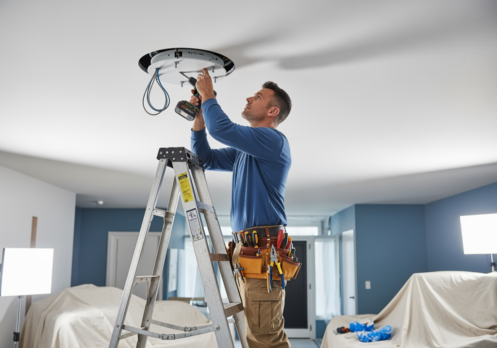 電工在天花板施工中,固定吸頂燈底座