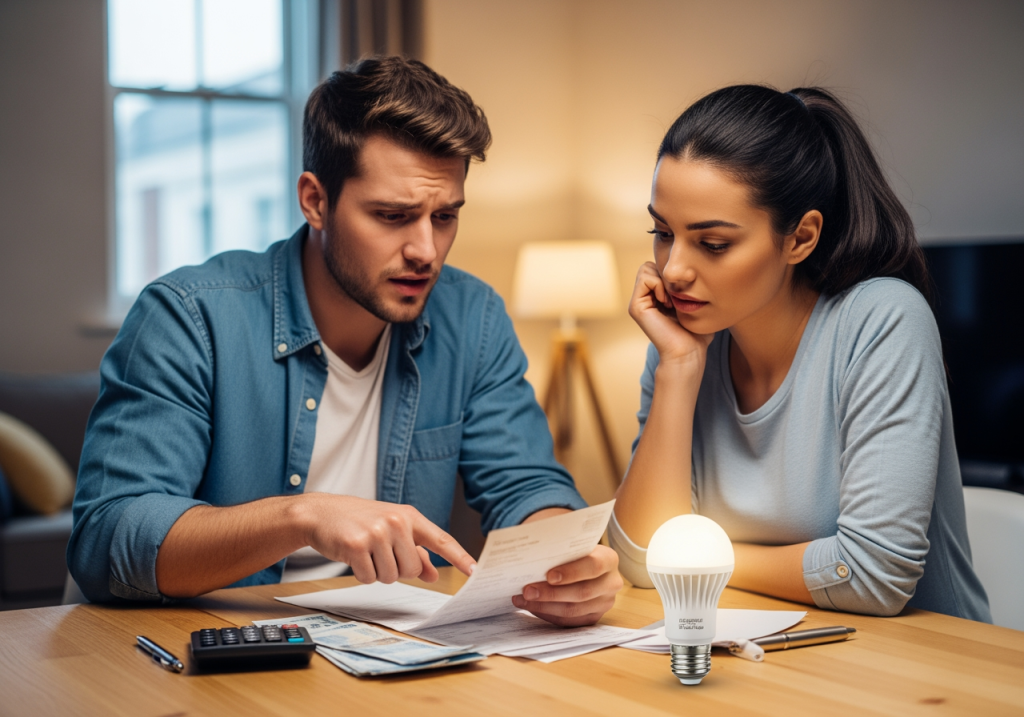 年輕夫妻在家中討論電費開銷,桌上放著LED燈泡
