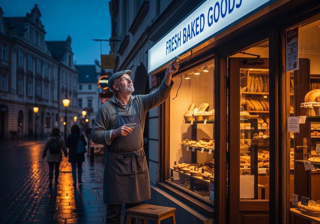 店家老闆檢查門口 LED 燈箱