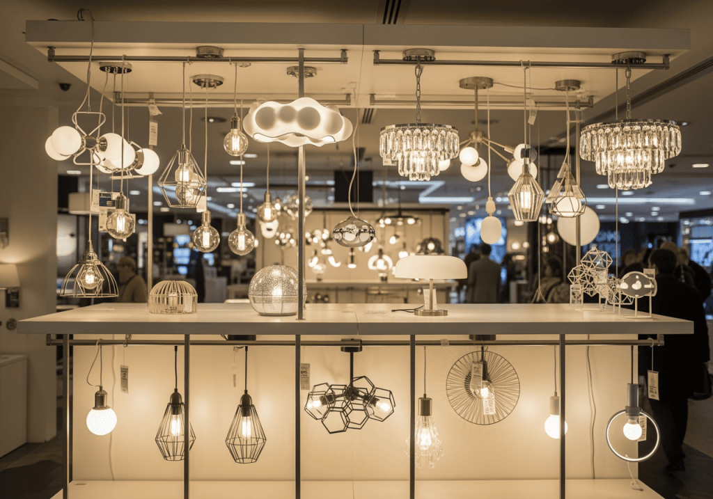 賣場展示不同造型的吸頂燈