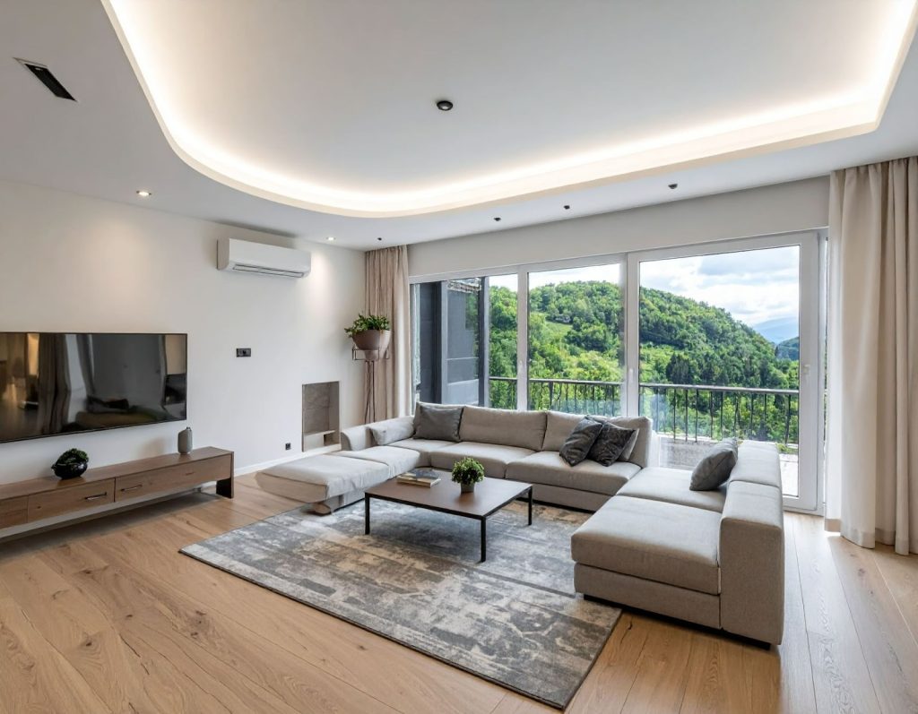 新安裝 LED 吸頂燈後,客廳光線均勻柔和