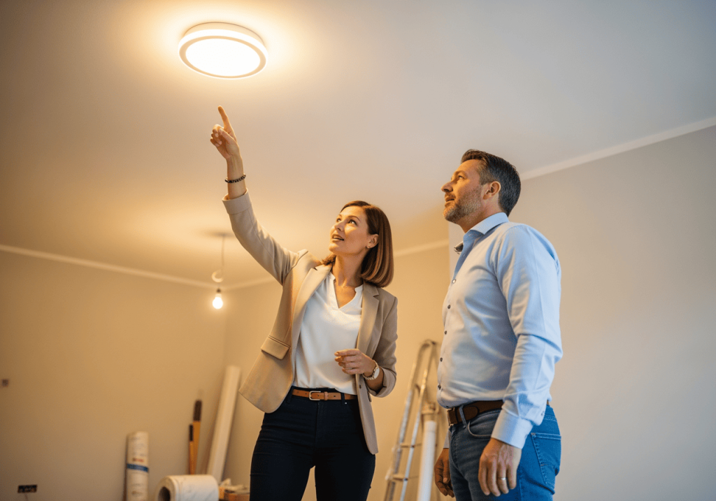 設計師在裝潢現場解說吸頂燈