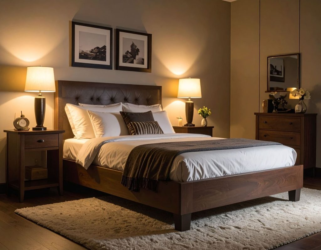 臥室夜間場景，床邊燈使用亮度過高的燈泡