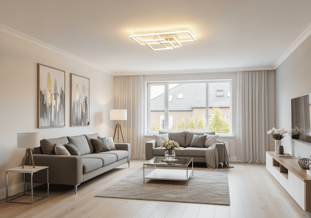 裝潢後的新成屋客廳，吸頂燈安裝完成