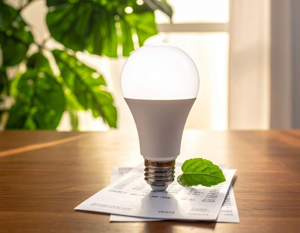 電費帳單放在桌上,旁邊是省電型 LED 燈泡