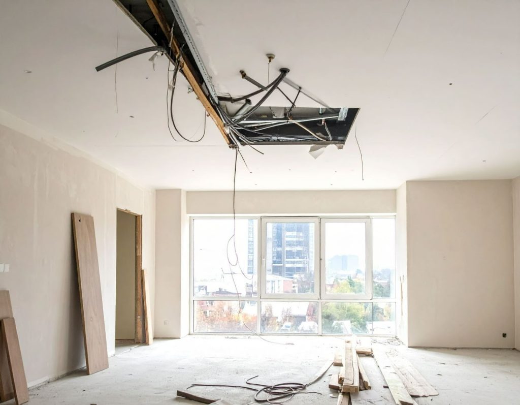 水泥天花板下方，工人拿著梯子準備安裝吸頂燈