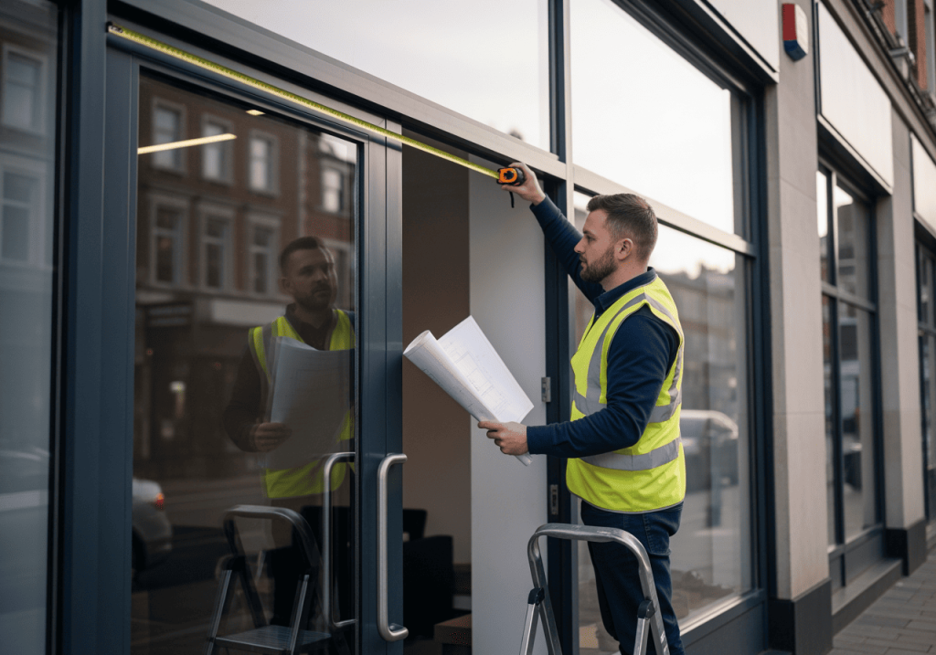 工程人員丈量店面門面尺寸,規劃 LED 字幕機長寬比例