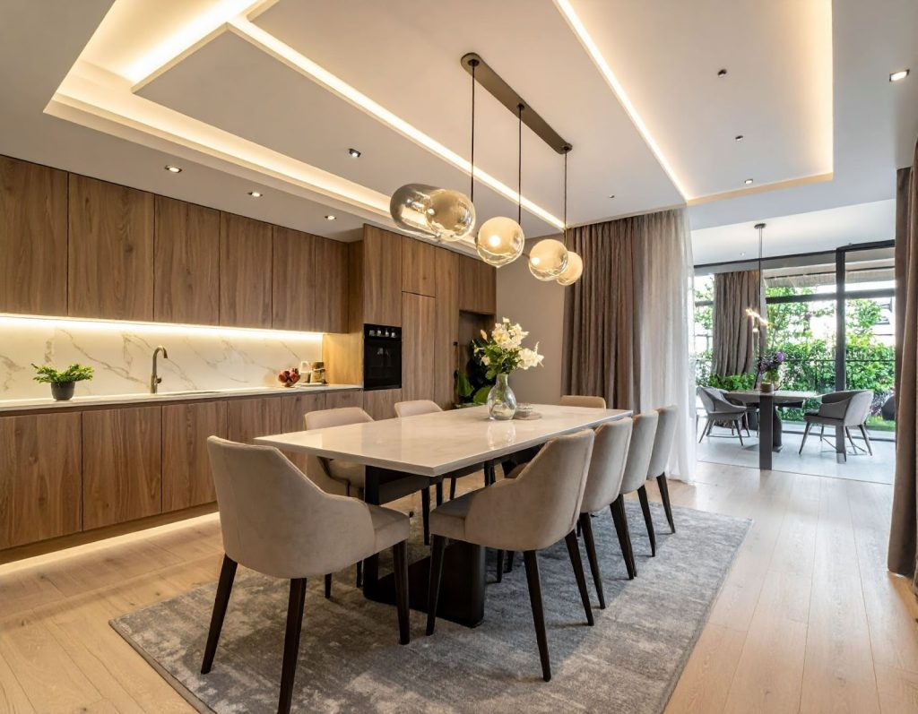 狹長型餐廳，吸頂燈讓整體空間明亮不壓迫