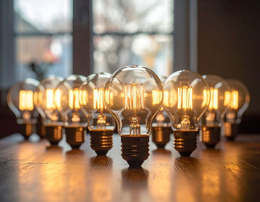 桌上放著不同規格的燈泡