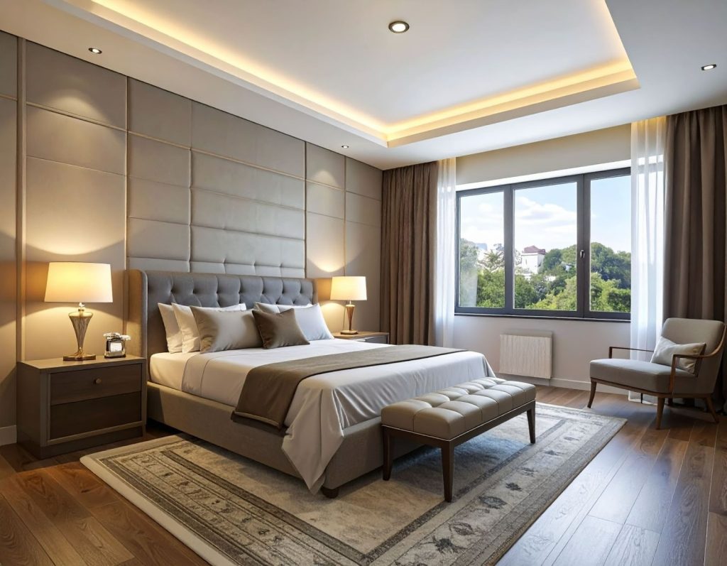 消費者站在賣場抬頭看燈具，表情猶豫