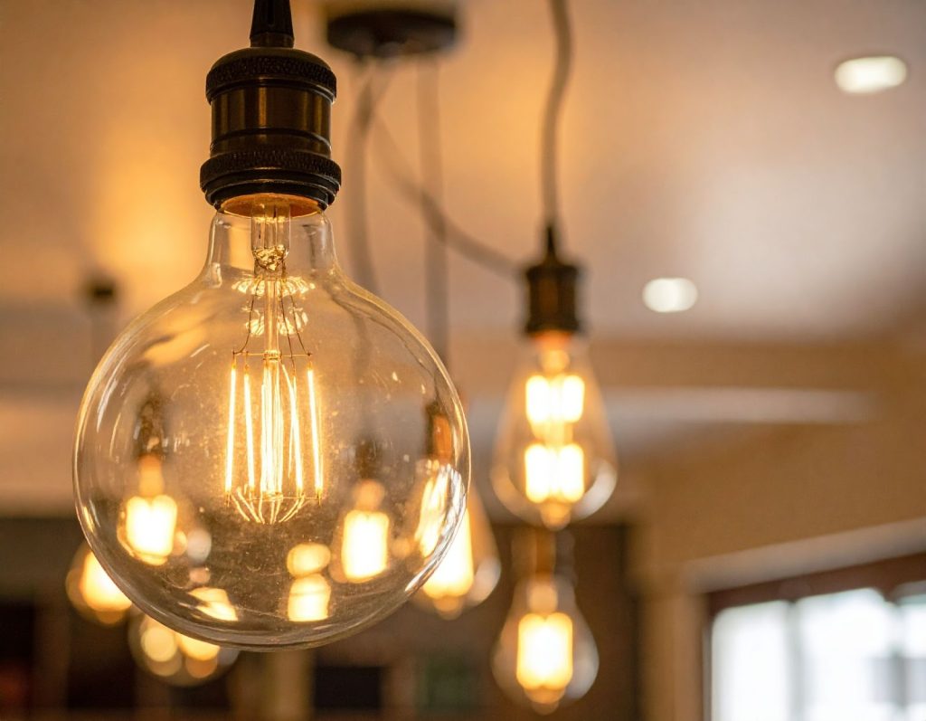 家庭電費帳單與燈泡倒在桌上 家庭電費帳單與燈泡倒在桌上