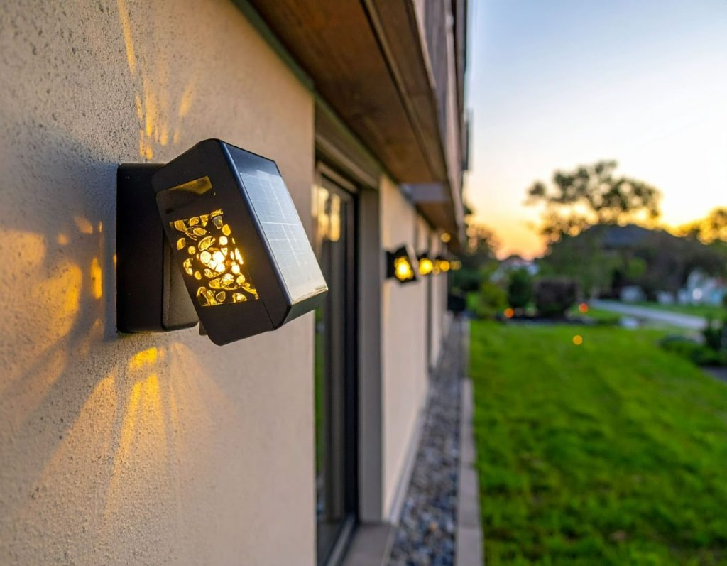 夜晚庭院太陽能感應燈自動亮起