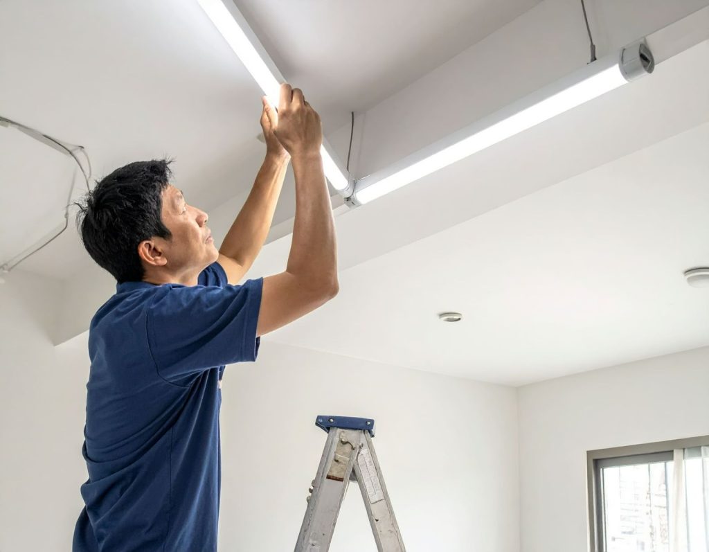 桌上放著 LED 燈管