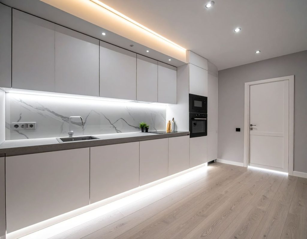 LED 燈條安裝在櫥櫃下方正在發光