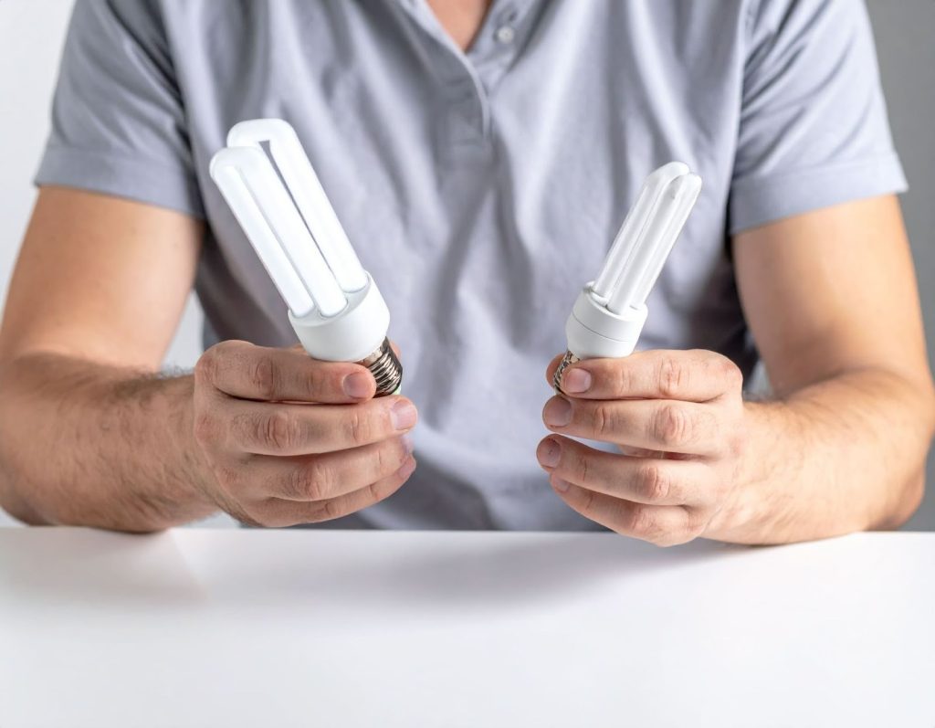 男子在桌上比較兩支不同尺寸 LED 燈管