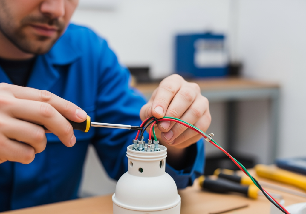 男性站在梯子上檢查燈管