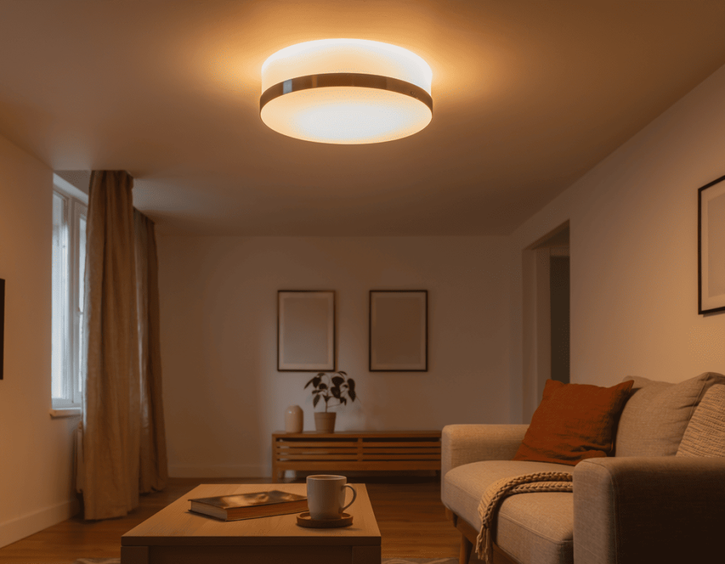 安裝完成的吸頂燈照亮客廳