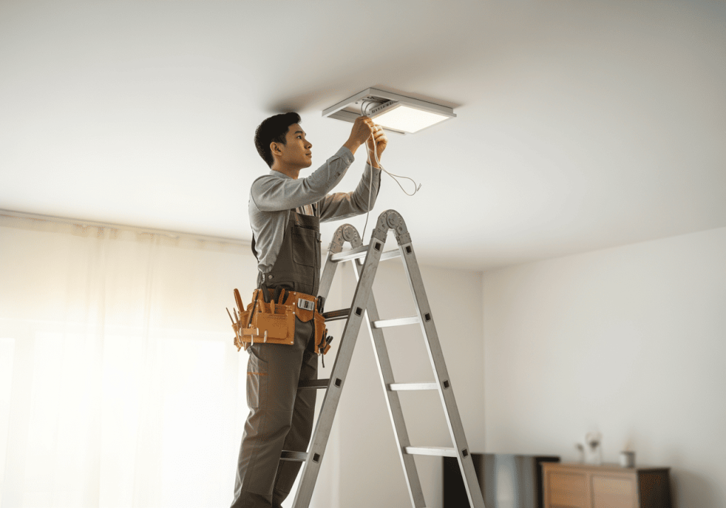 安裝完成的吸頂燈照亮室內空間 安裝完成的吸頂燈照亮室內空間